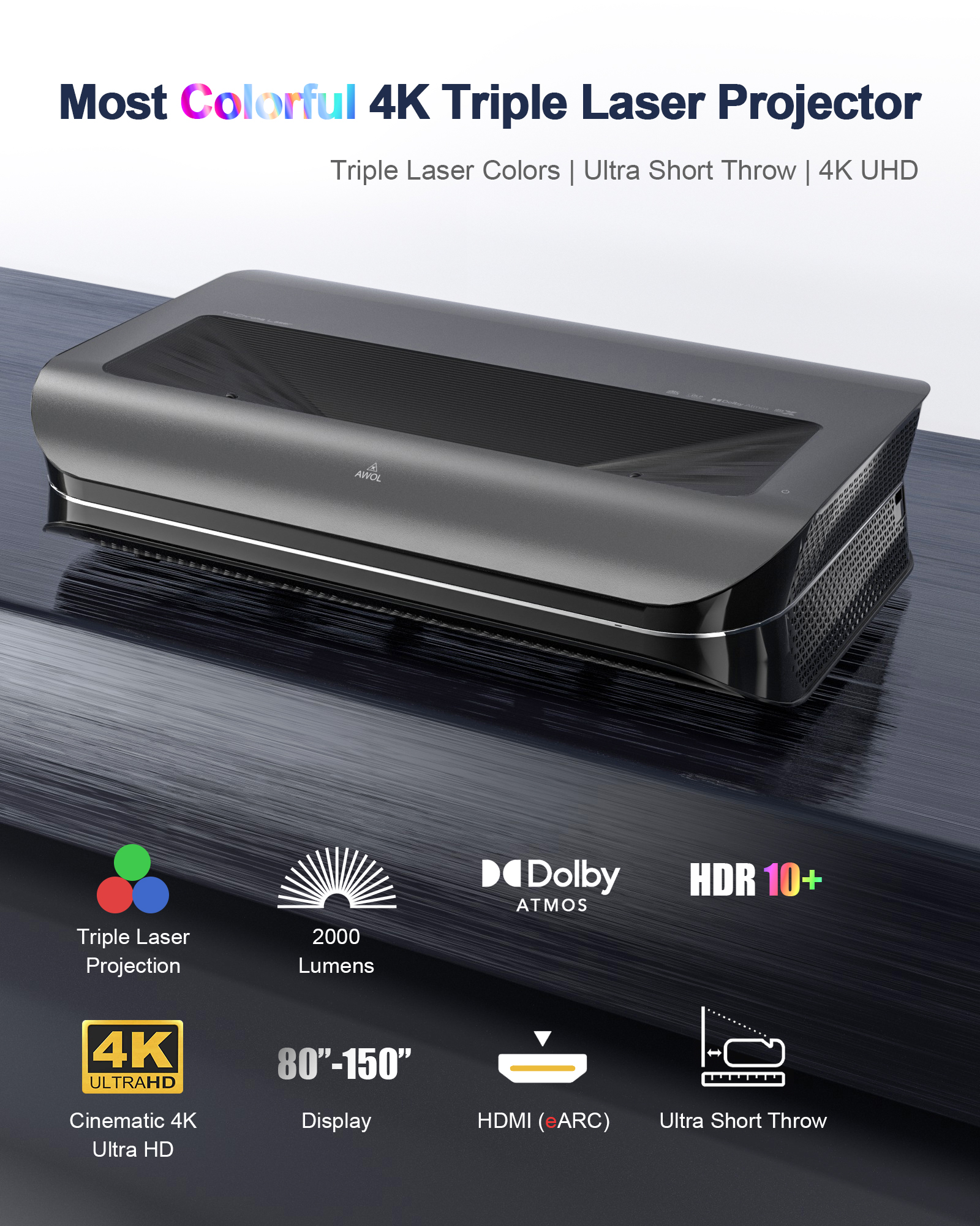 AWOL 4K 3D TRIPLE LASER PROJECTOR LTV-2500 Ultra Short Throw UHD DMD 150-Inch Screen Dolby Atmos 2000ANSI Lux HDR10+ Include Amazon Fire TV Stick 4K MAX Android 9.0 OS Home Cinema