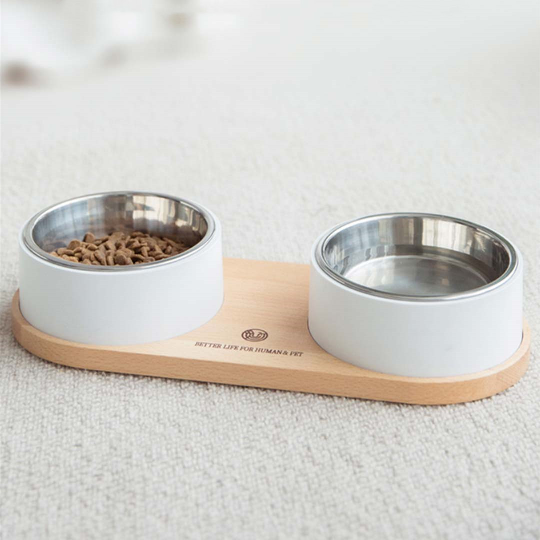 Pet Feeder Beech Bowl With 304 Stainless Steel Double Bowl