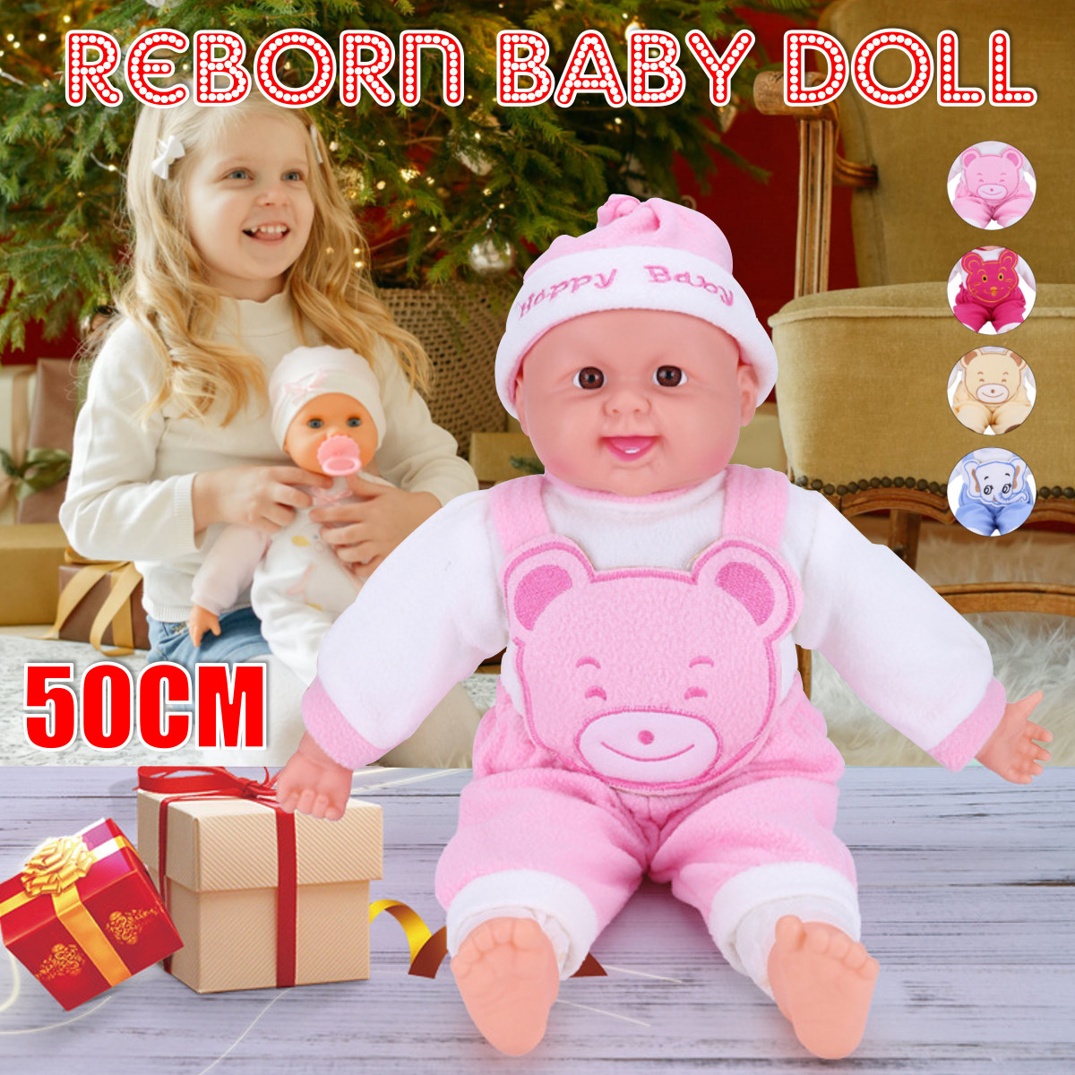 50CM Multi-color Simulation Silicone Vinyl Lifelike Realistic Reborn Newborn Baby Doll Toy with Cloth Suit for Kids Gift