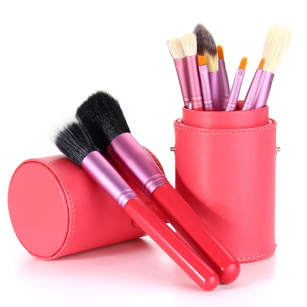 12pcs Pink Makeup Cosmetic Brush Set Blush Eyeliner Brush Cylinder Container Leather Case Aluminum