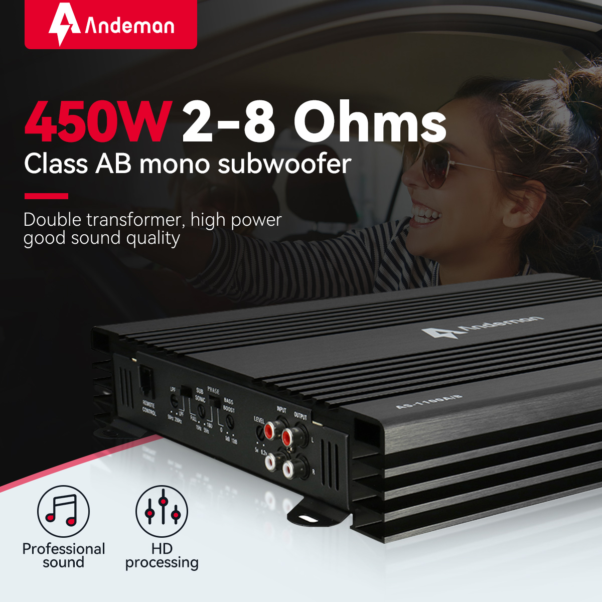 Andeman AS-1100.AB 450W Mono Car Subwoofer 2-8 Ohms Class AB HIFI Digital bluetooth Audio Power Amplifier