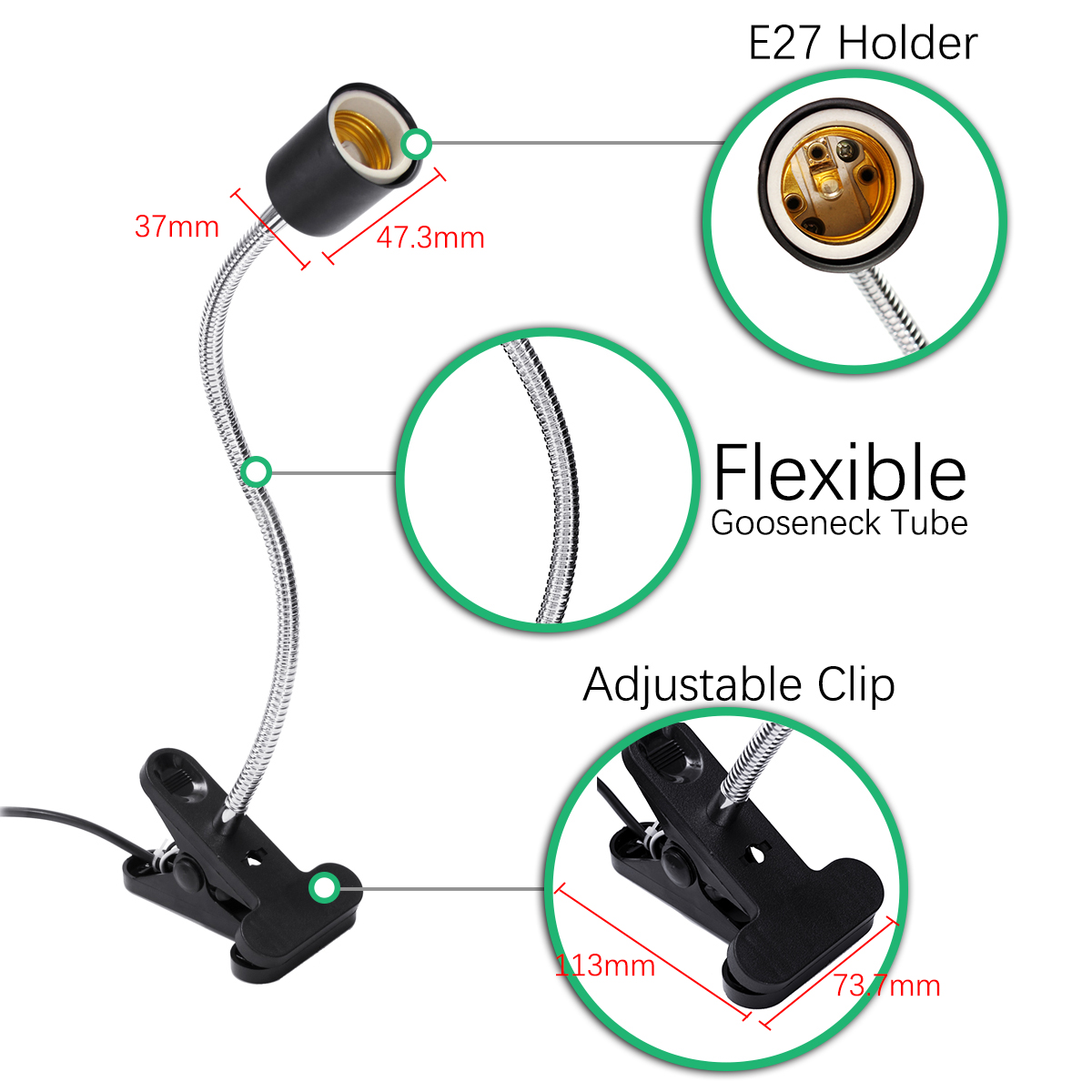 20CM E27 Flexible Pet LED Light Lamp Bulb Adapter Holder Socket with Clip On Off Switch EU US Plug