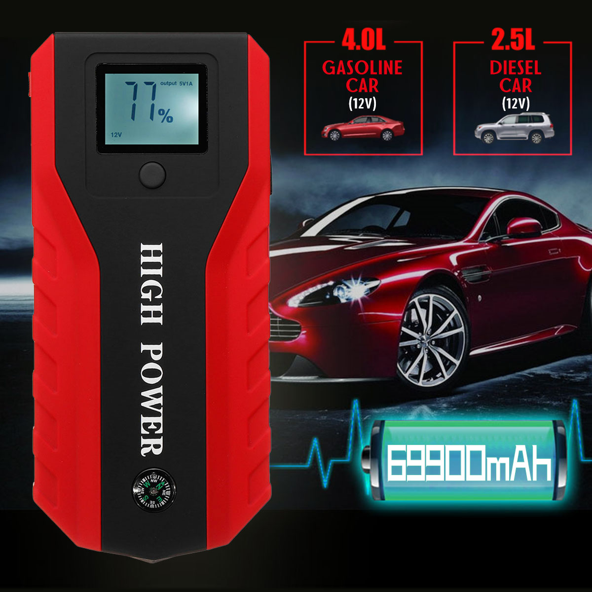 69900mAh 110-240V 13.5V Car Jump Starter with USB Fast Charger Built-in LED lighting Multifunction Car Emergency Power Bank