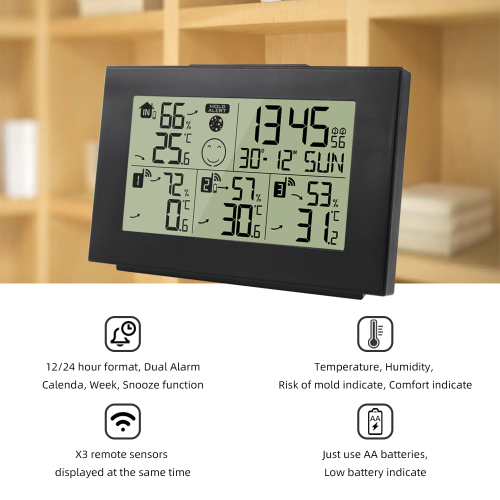 One for Three Digital Thermometer Hygrometer Alarm Clock Wireless Indoor Weather Station Dual Alarm Clock Electronic Calendar with 3 Wireless Sensor Home Temperature Humidity Sensor