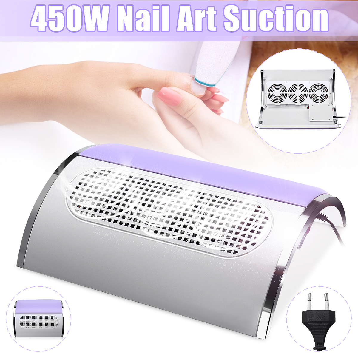450W Nail Suction Dust Collector Low Noisy Strong Nail Vacuum Cleaner with 2 Dust Collecting Bag Nail Art Equipment