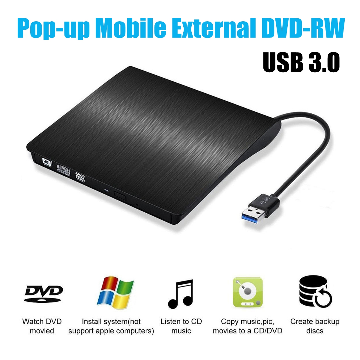 Pop-up External DVD RW CD Writer Drive USB 3.0 Optical Drives Slim Burner Reader Player 7