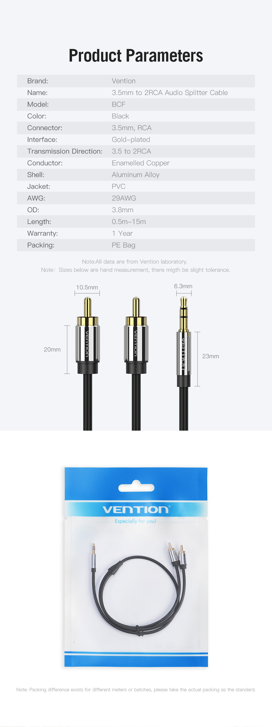 VENTION BCF 3.5mm Stereo to 2RCA Audio Cable Speaker Cable for Computer PC DVD TV Phone Tablet
