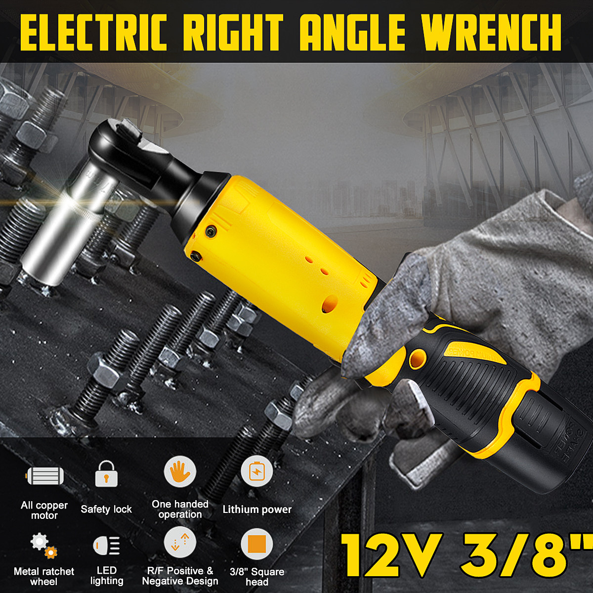 12V 45N.m Ratchet Wrench Electric Rechargeable Ratchet 90° Right Angle Wrench Powerful Tool