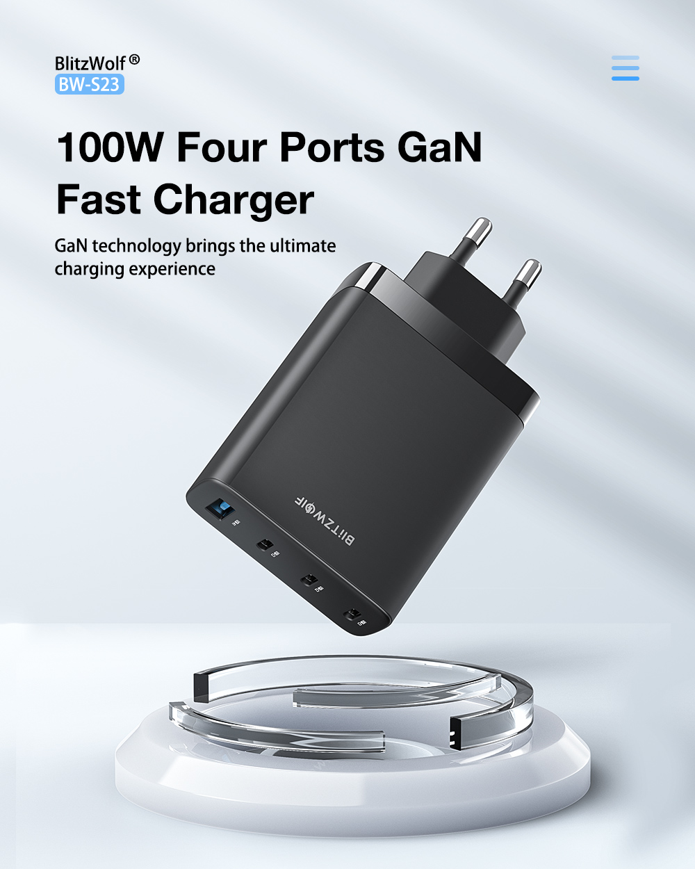 BlitzWolf® BW-S23 100W 4 Ports GaN Wall Charger Dual 100W USB-C PPS PD3.0 QC3.0 SCP Fast Charging For iPhone 14 14 Plus 14 Pro Max For Samsung Galaxy S22 Z Flip 4 MacBook Pro 16