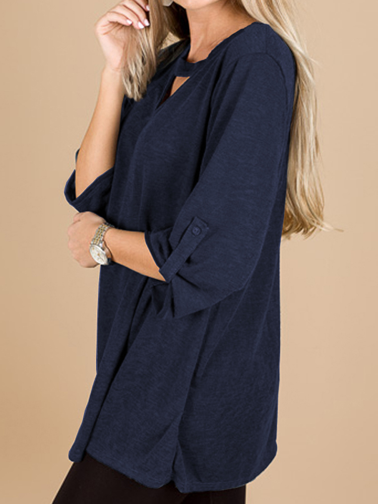 Women Casual V Neck 3/4 Sleeve Loose Solid Blouse