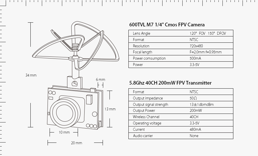 Eachine TX02 NTSC Super Mini AIO 5.8G 40CH 200mW VTX 600TVL 1/4 Cmos FPV Camera