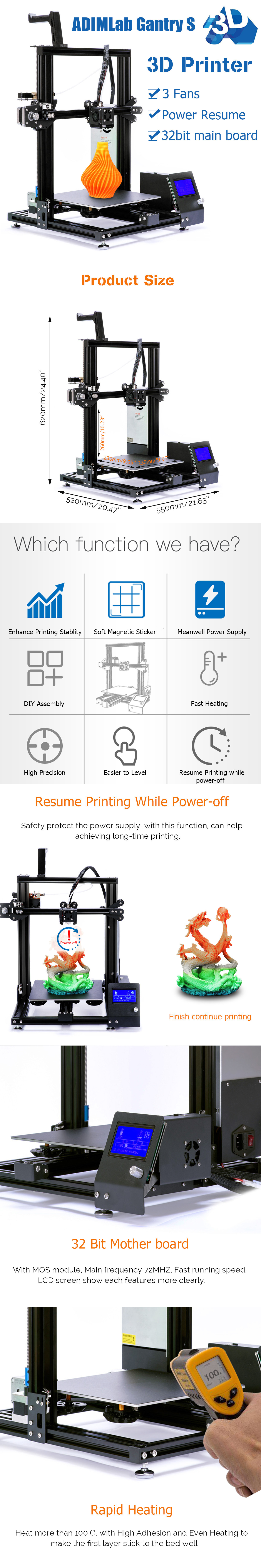 ADIMLab Gantry-S 3D Printer DIY Kit 230*230*260mm Printing Size Support Power Resume/Filament Run-out Detector w/ Metal Extruder & 3 Fans for V6 T 5