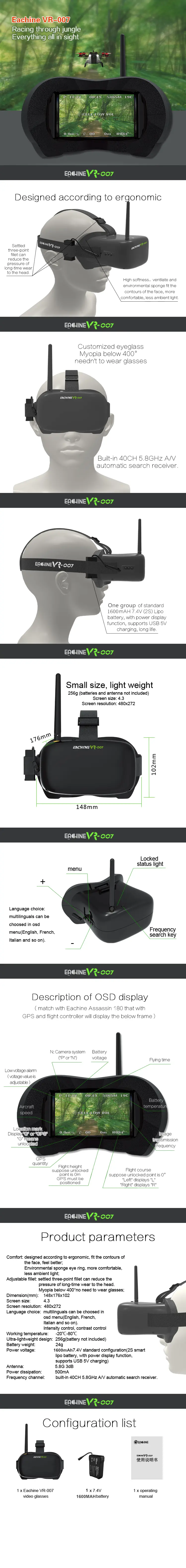 Eachine VR-007 VR007 5.8G 40CH HD FPV Goggles Video Glasses 4.3  Inch 7.4V 1600mAh Battery(20%off coupon:JC20)