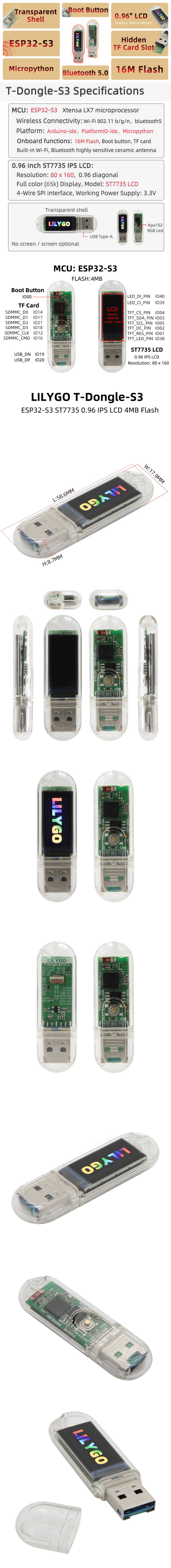 LILYGO T-Dongle-S3 Development Board 0.96inch LCD Display Screen Support WiFi bluetooth TF Card