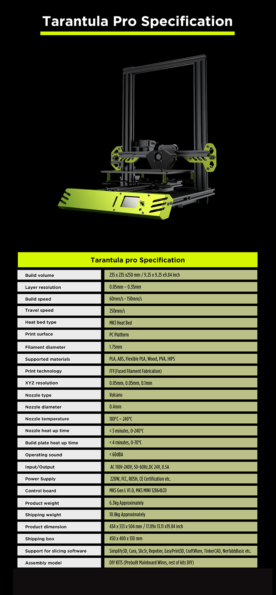 TEVO® Tarantula Pro 3D Printer Kit with 235x235x250mm Printing Size MKSGenL Mainboard 0.4mm Volcano Nozzle Support 1.75mm Filament