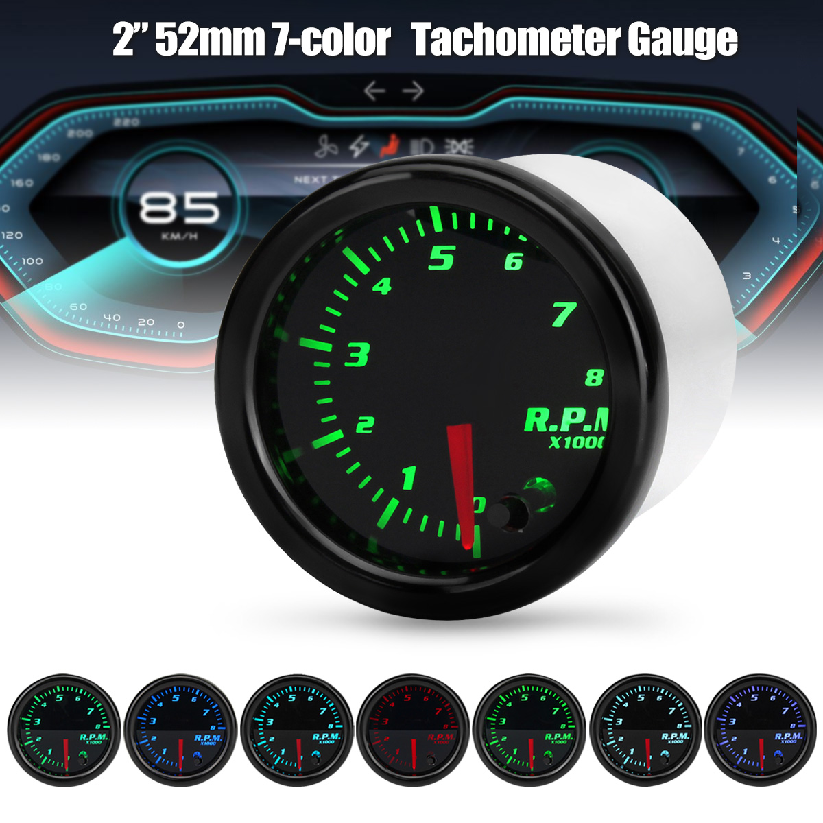 Universal 2 Inch 52mm Tachometer Tach 8K RPM Gauge Digital 7 Color LED Display Car Meter