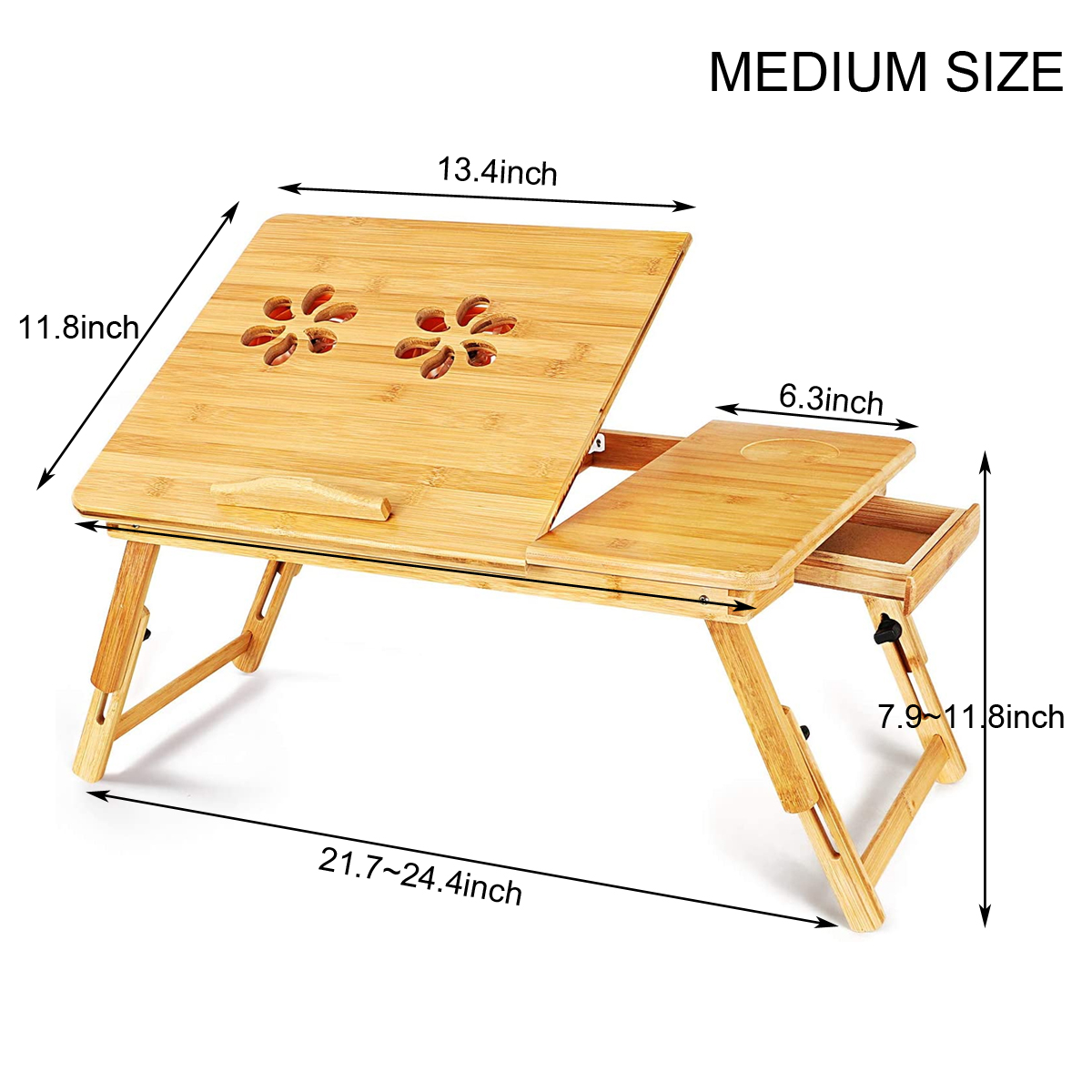 Bamboo Laptop Desk Stand Lap Desk Table Flower Pattern Foldable Breakfast Serving Bed Tray with Storage Drawer with Adjustable Leg
