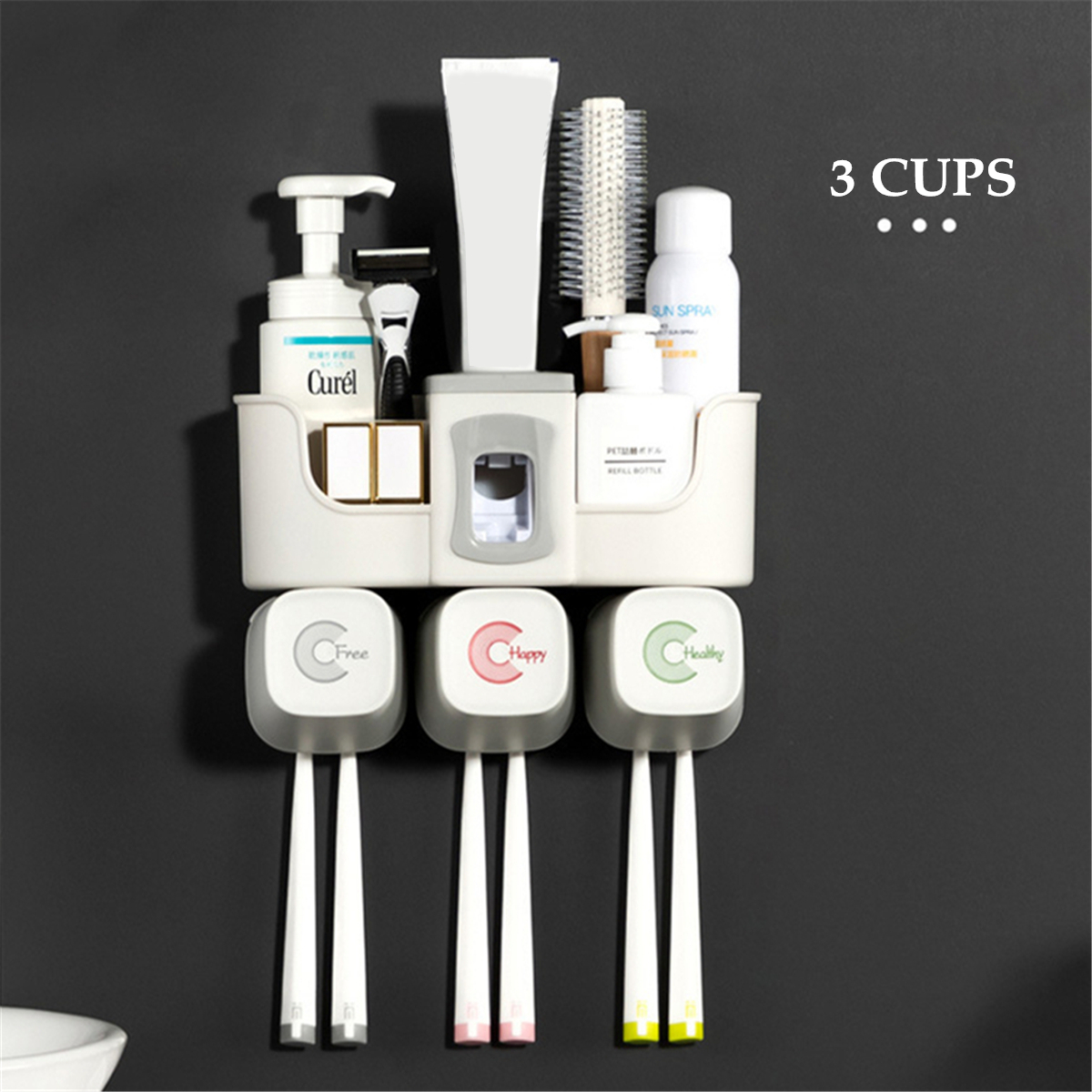 Wall Mount Toothbrush Holder Auto Toothpaste Dispenser 2/3/4 Cup Holder Organizer Set