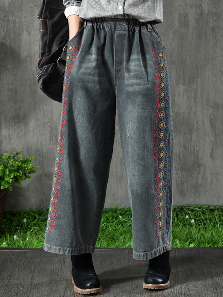 Women Casual Embroidery Elastic Waist Pocket Denim Jeans