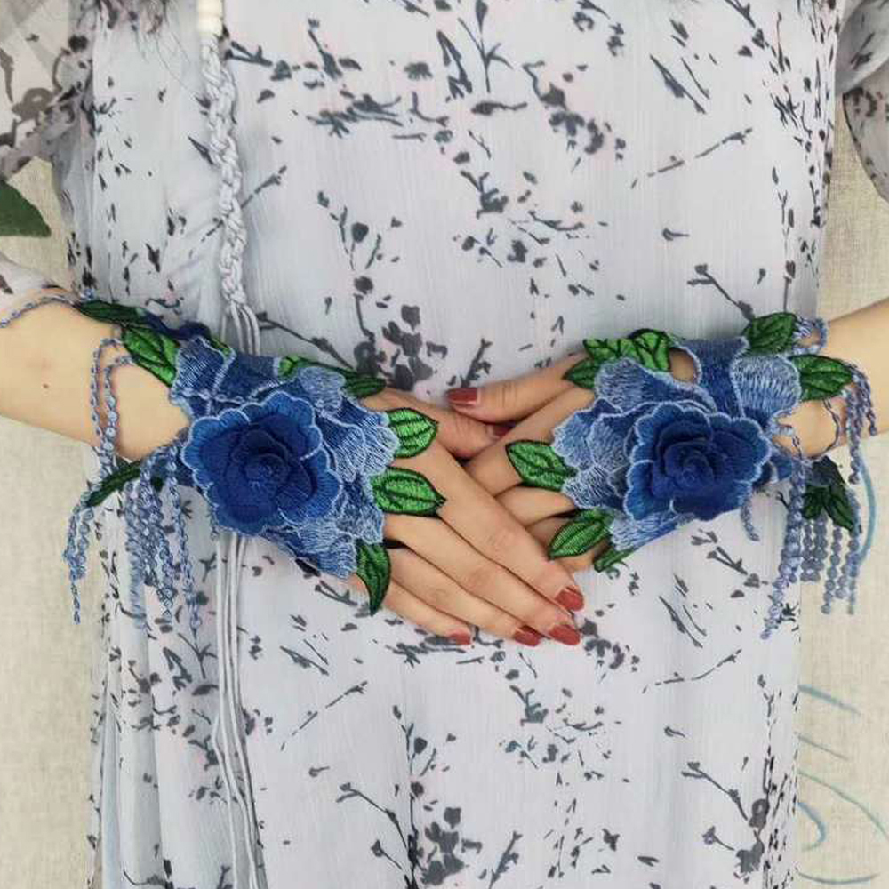 Mulheres bordado étnico hallow pulseira moda floral meia tampa dedo borla luvas