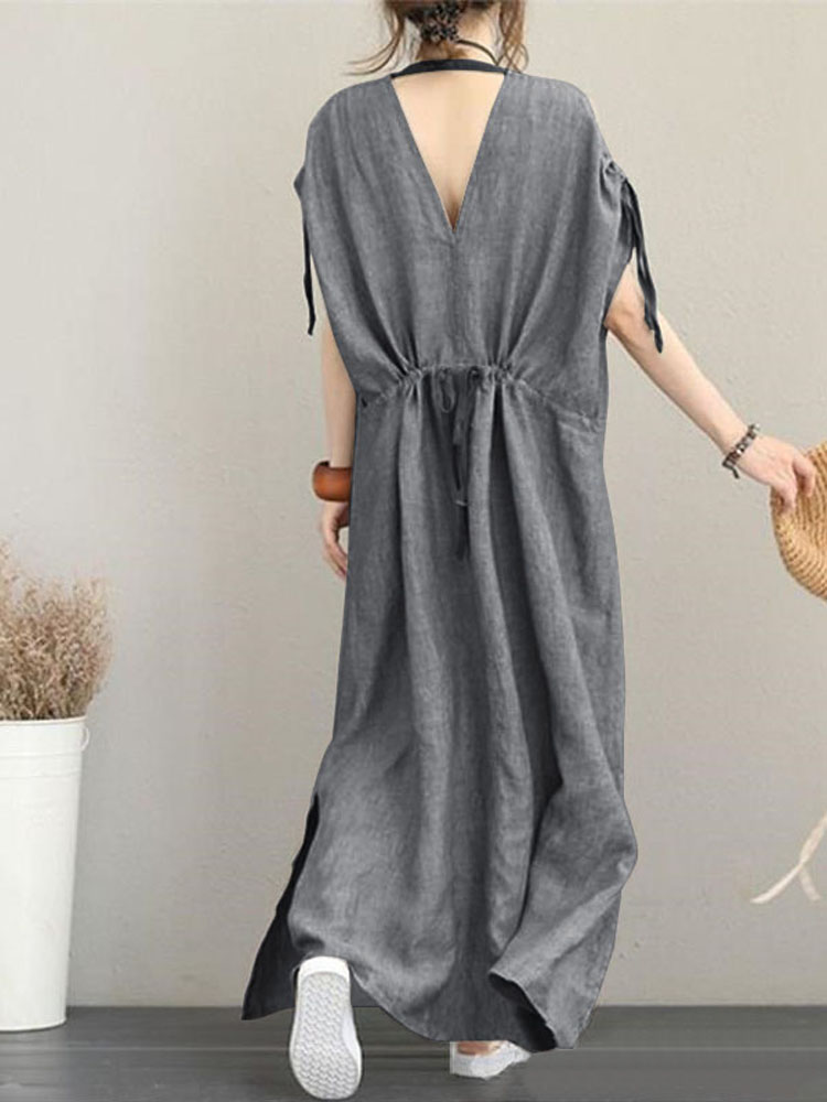 Women Short Sleeve Backless Solid Casual Maxi Dress