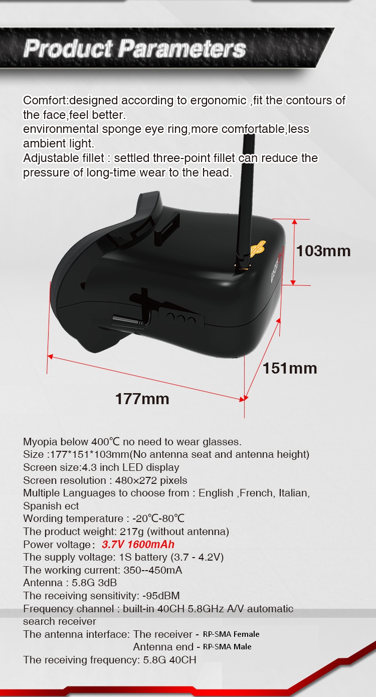 Eachine VR-007 Pro VR007 5.8G 40CH FPV Goggles 4.3 Inch With 3.7V 1600mAh Battery for RC Drone - Photo: 11
