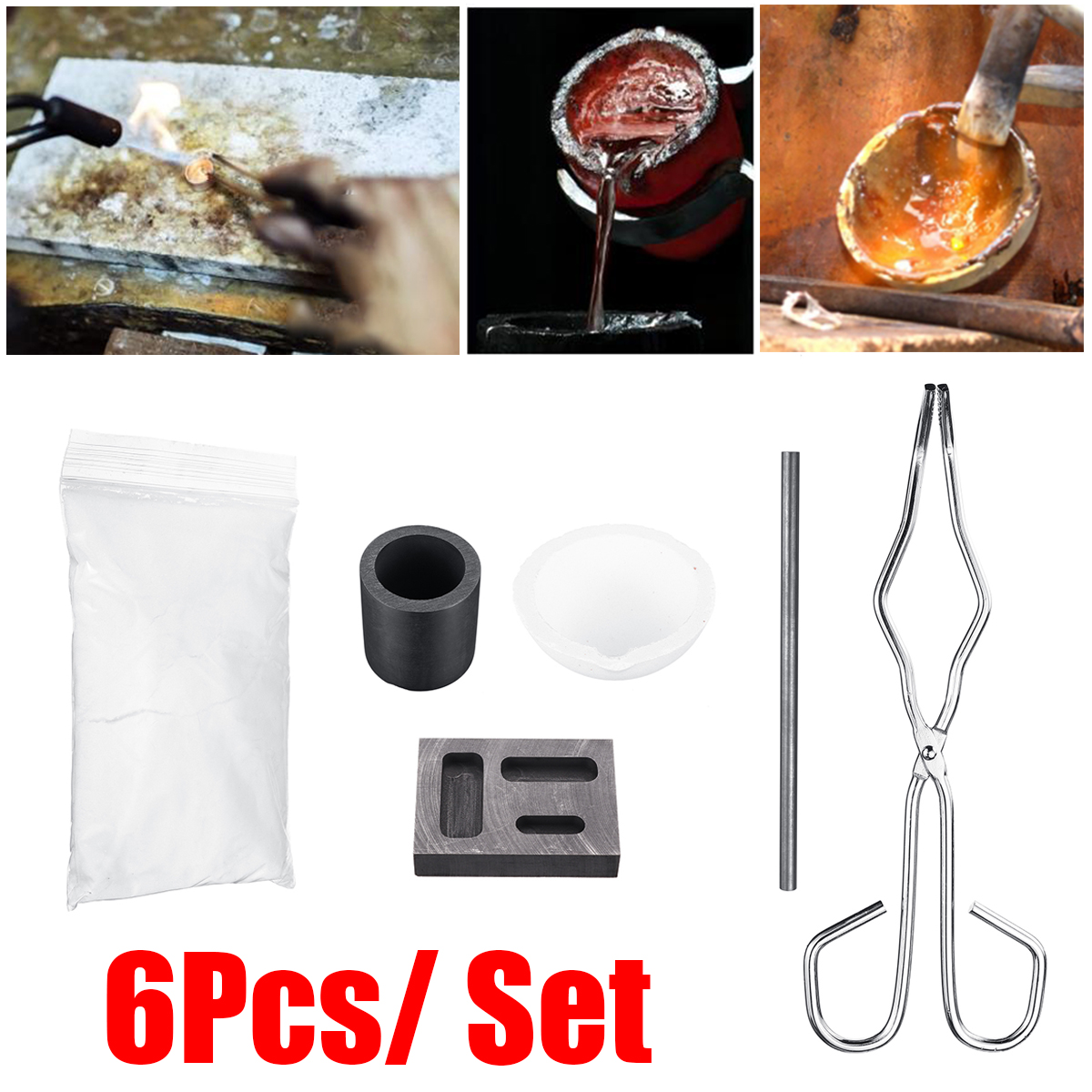 6Pcs Torch Melting Kit Graphite Crucible Tong Rod Graphite Ingot Mold Set
