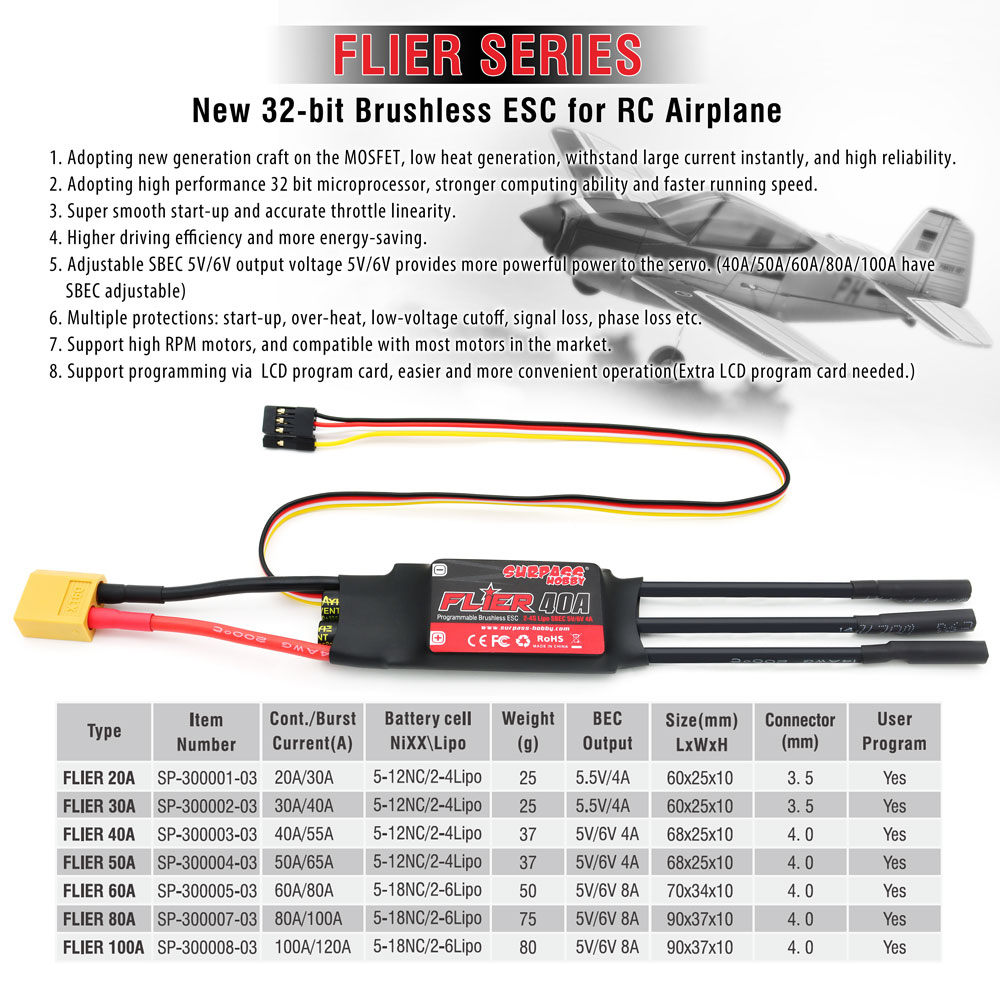 SURPASS-HOBBY FLIER Series New 32-bit 40A Brushless ESC With 5V/6V 4A SBEC Support Programming for RC Airplane