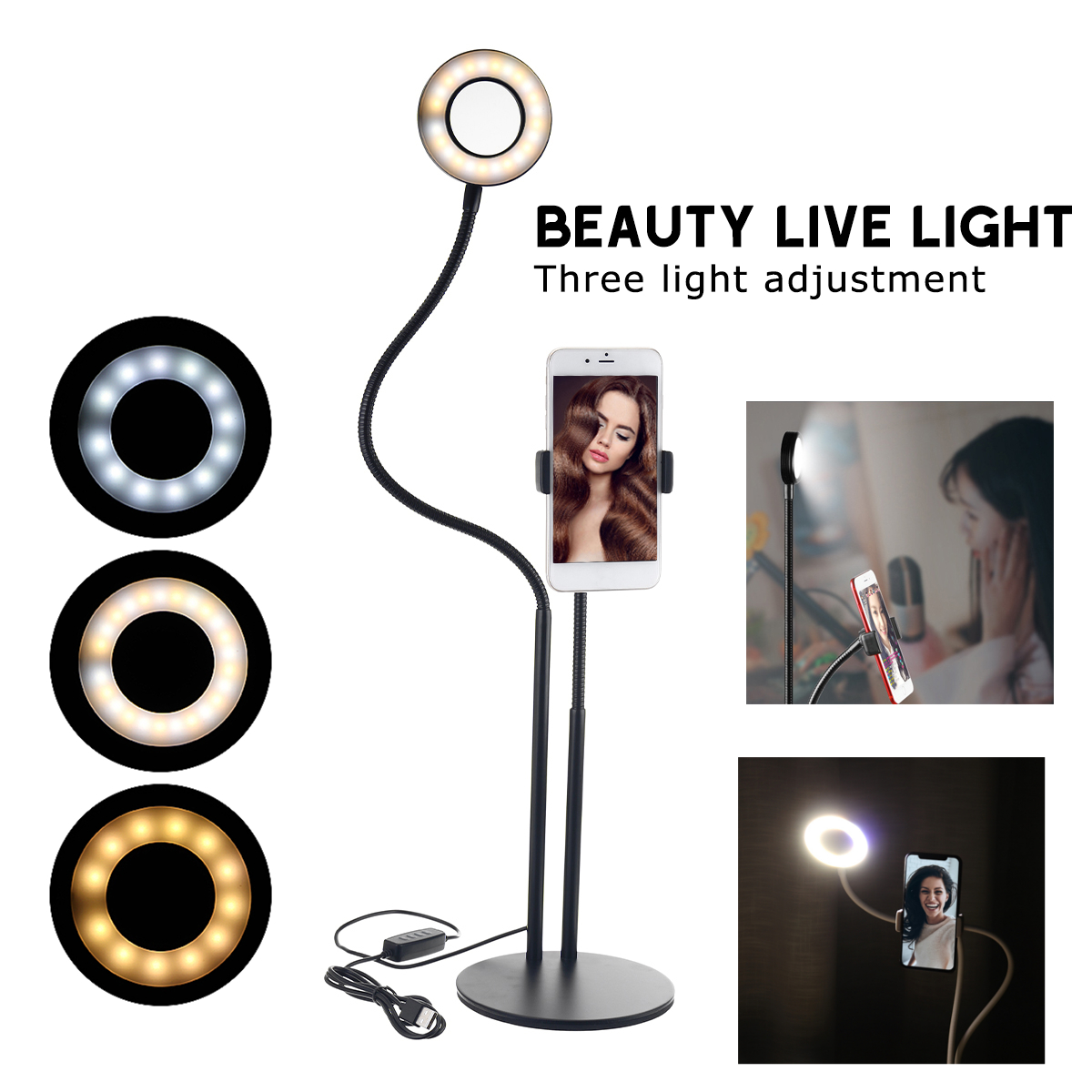 BX-02 Universal Selfie Ring Light Flexible Desk Lamp LED Fill Beauty Light 11 Brightness 3 Color Dimmable for Live Streaming Table Stand with Phone Clip for Youtube Tiktok