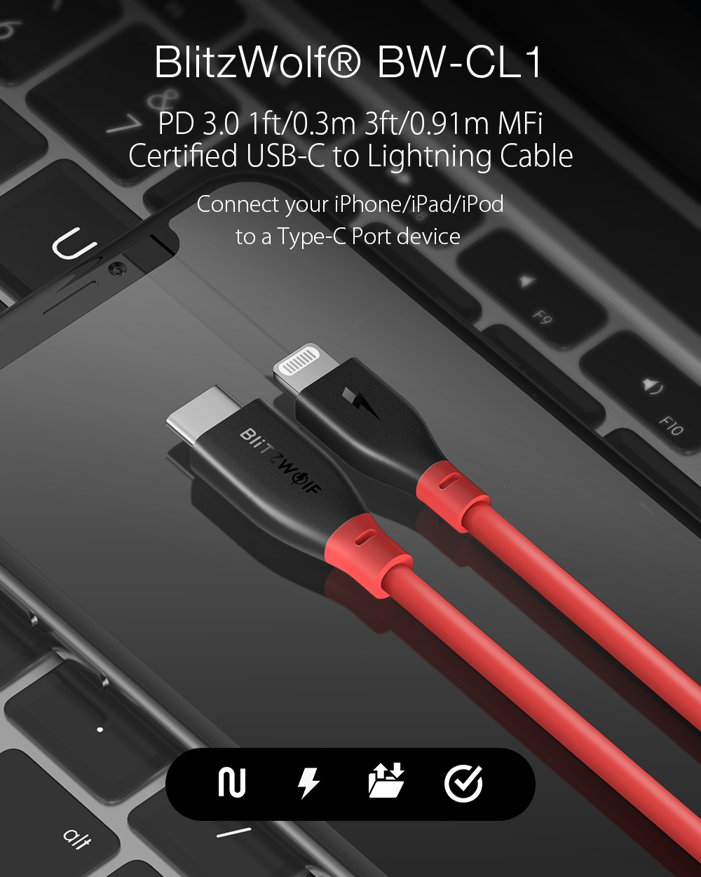 BlitzWolf® BW-CL1 PD 3.0 Type-C to Lightning 3A Fast Charging Data Cable With MFi Certified 3ft/0.91m for iPhone