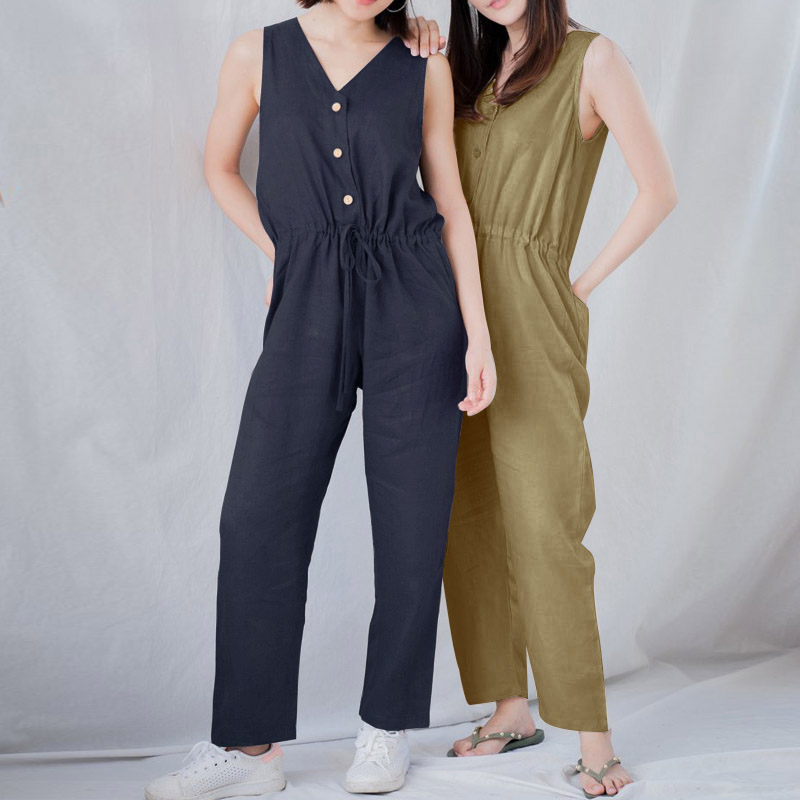 Women Casual Solid Color Button Drawstring Waist Sleeveless Jumpsuit Romper
