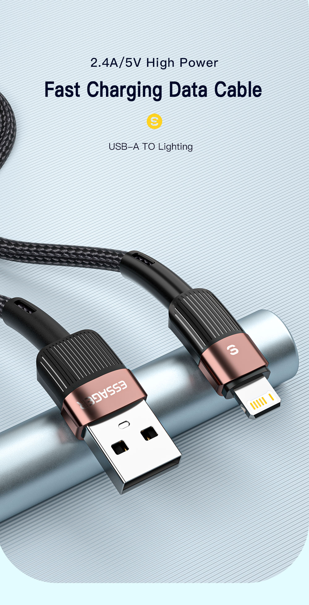 ESSAGER 2.4A USB-A to iP Cable Fast Charging Data Transmission Fiber Braided Core Line 0.5M/1M/2M/3M Long for iPhone13 Pro for iPhone14 Pro Max for iPad