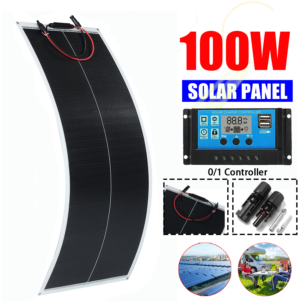 100W Flexible Solar Panel Charger USB Output For RV Outdoor Camping
