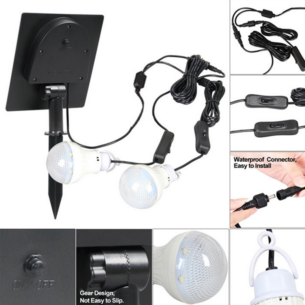 Solar Panel 2pcs LED Bulb Kit Waterproof  Light Sensor Outdoor Camping Tent Fishing Emergency Lamp