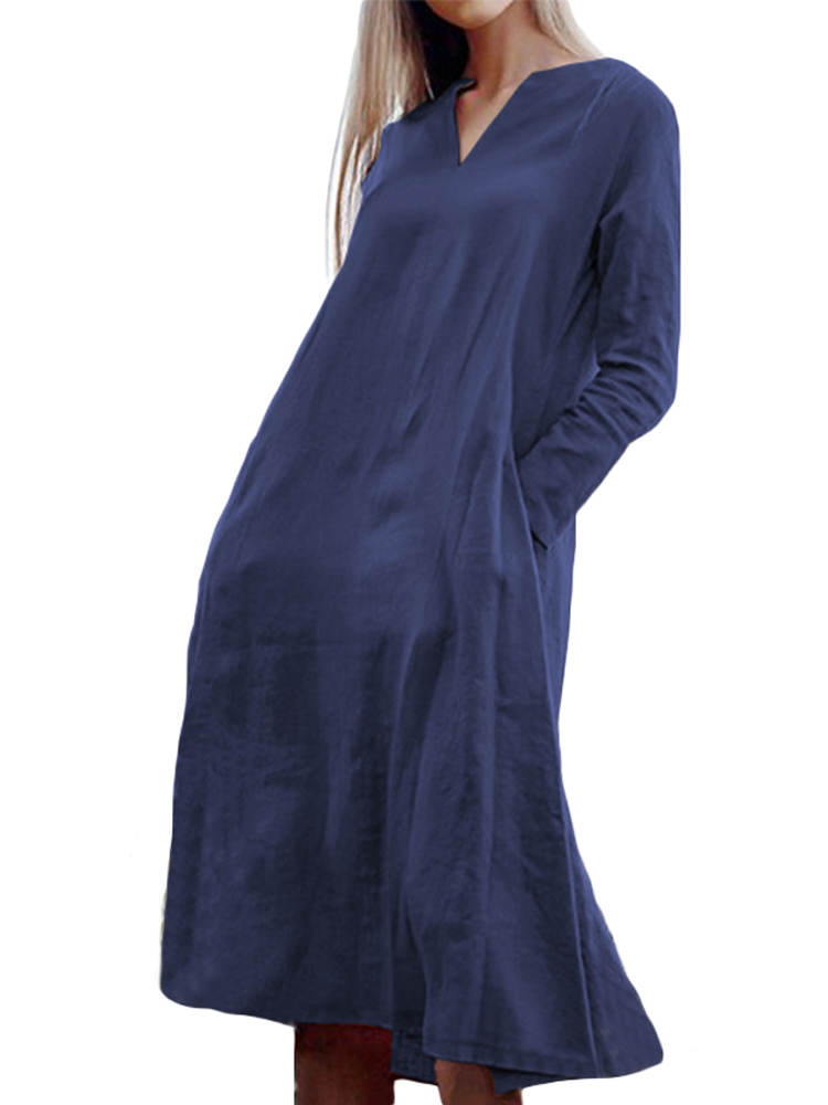 Women Long Sleeve V-neck Solid Color Swing Pocket Dress