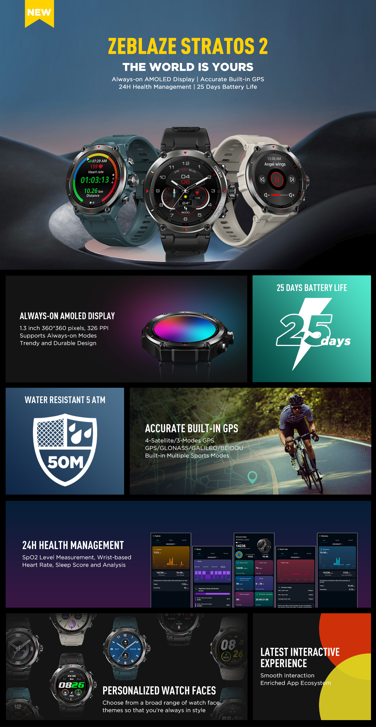 Zeblaze Stratos 2 GPS 360*360px Always-On AMOLED Display 4 Modes Heart Rate Blood Pressure SpO2 Monitor 100+ Watch Faces 5ATM Waterproof Smart Watch