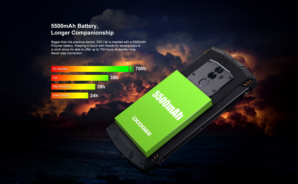 DOOGEE S55 Lite 5.5 Inch IP68 5500mAh Quick Charge 2GB RAM 16GB ROM MTK6739 Quad Core 4G Smartphone
