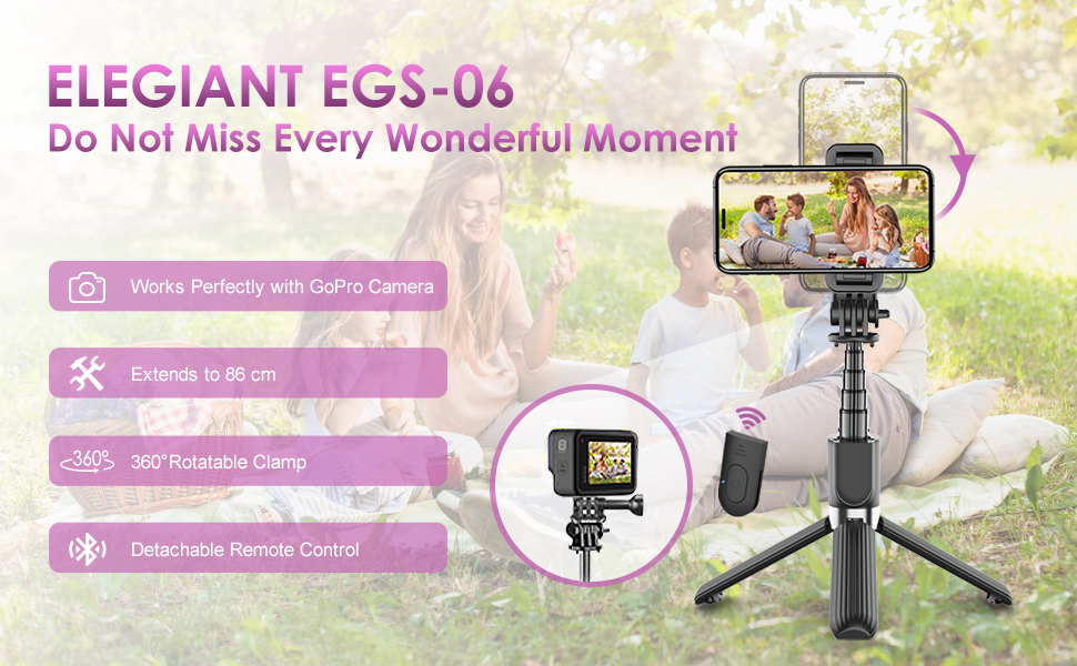 ELEGIANT EGS-06 Extendable Selfie Stick Mini Tripod bluetooth with Remote Control for GoPro Action Sport Camera for iPhone for Samsung for DSLR Cam Mobile Phone