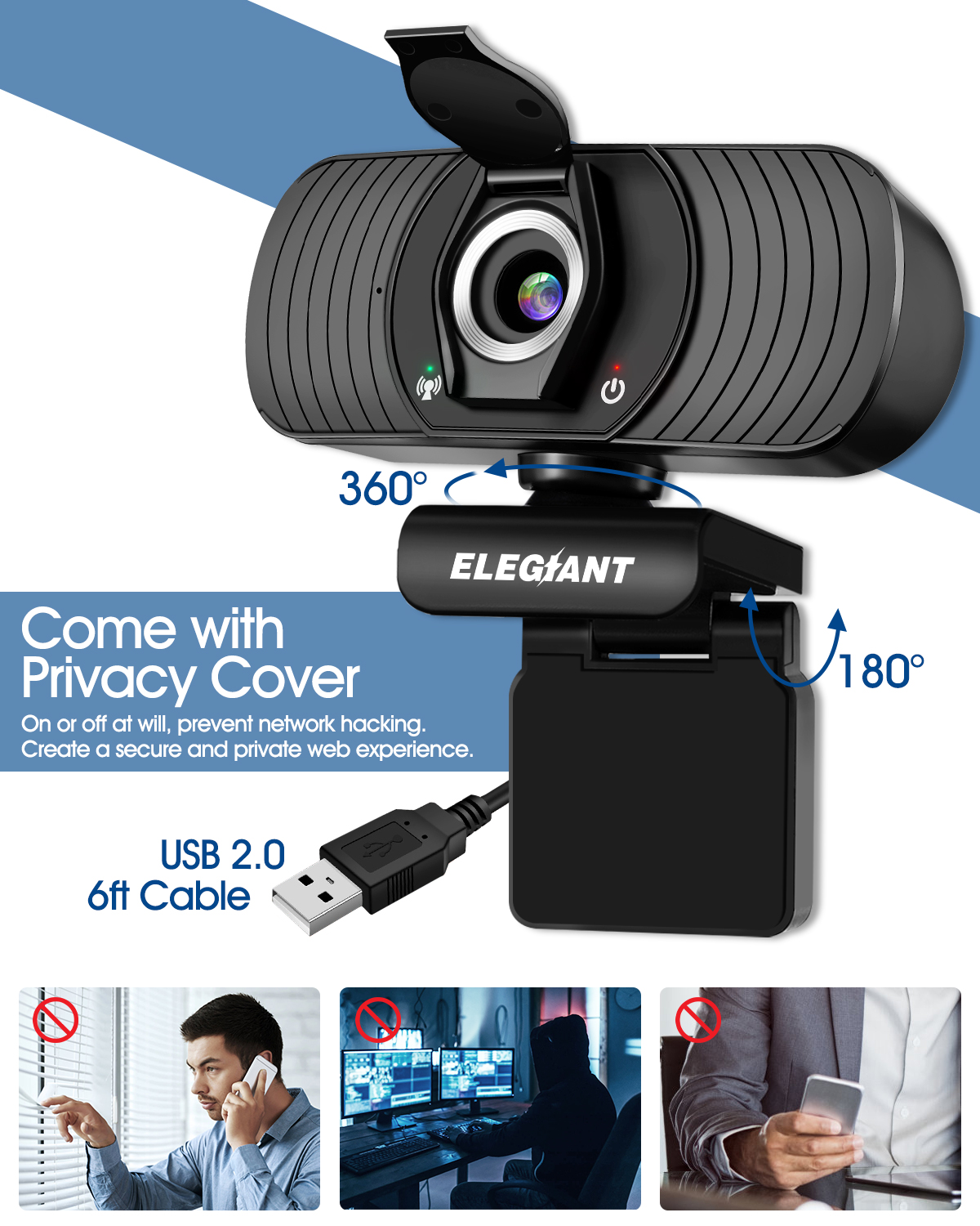 ELEGIANT EGC-C01 1080P HD Webcam with Privacy Cover Built-in Mic for Video Calls Conference Gaming USB Plug & Play for Windows for Mac OS Android