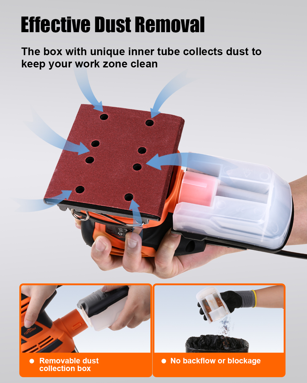 TOPSHAK TS-SD6 260W Electric Palm Sander Hand Sander with 20Pcs Sandpapers Hand Held Sander Dust Collection Box EU/US Plug