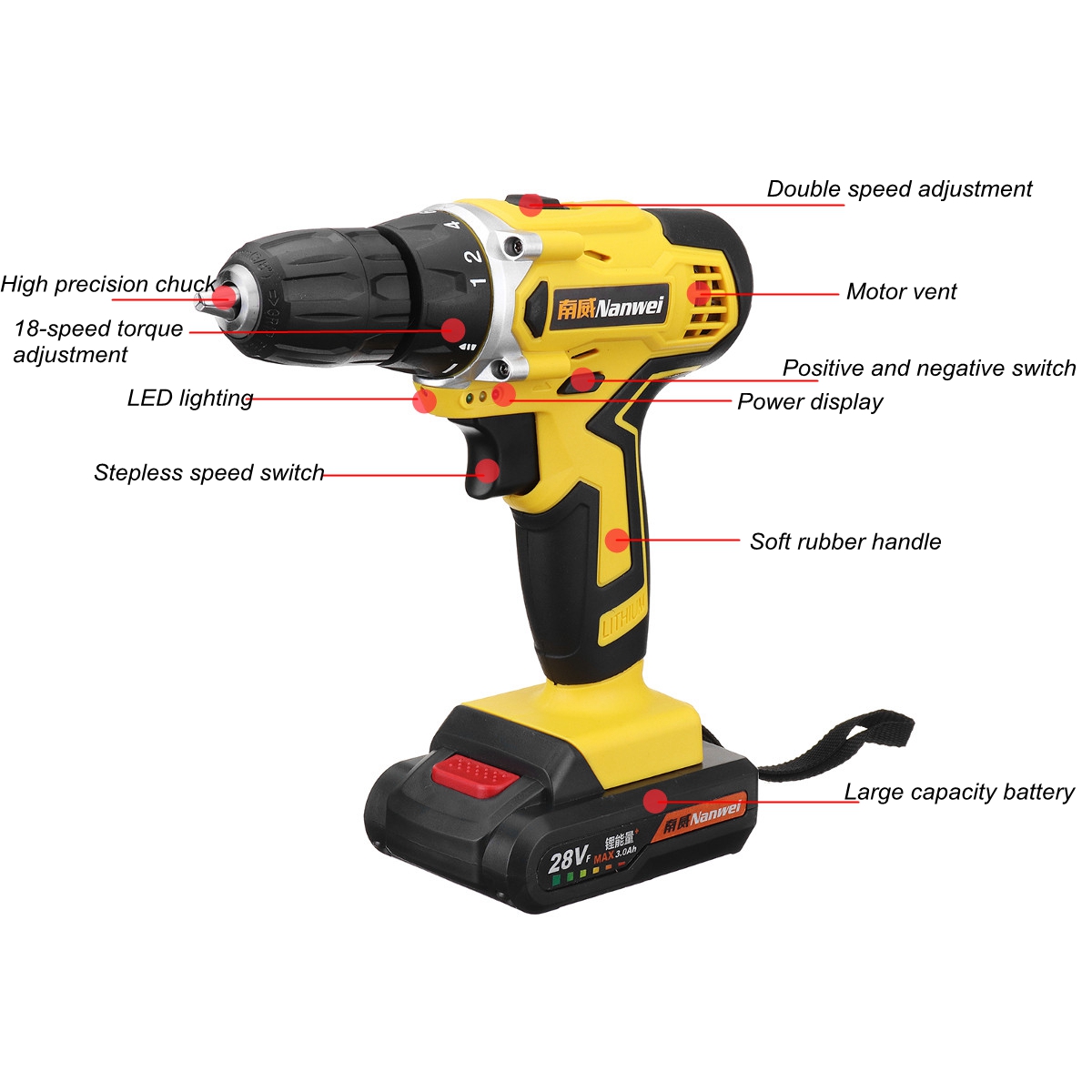 28V Cordless Drill Driver Rechargable Electric Drill Power Drills Driver 0.8-10mm