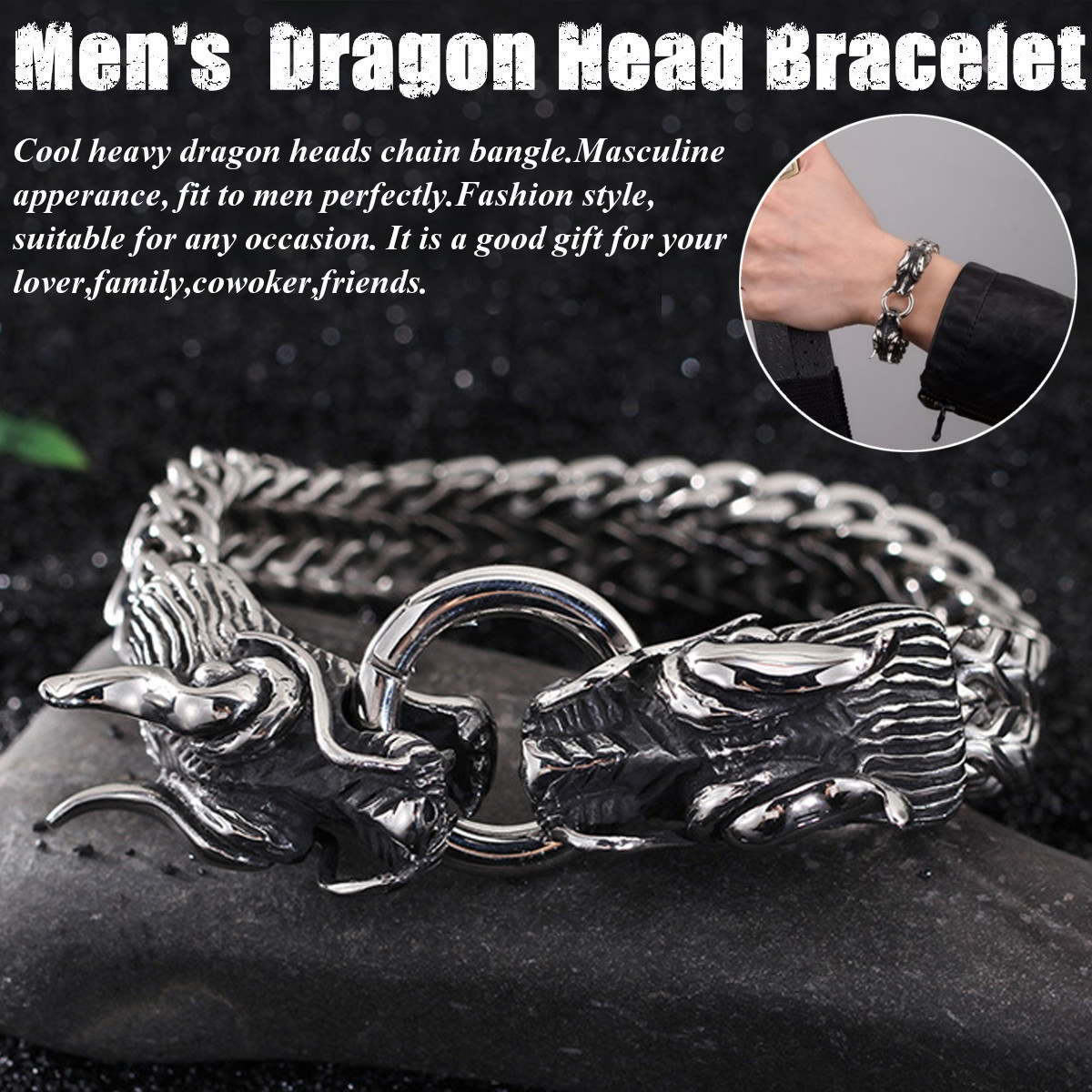 Aokarry Jewelry Men Stainless Steel Bracelet Bangle Bracelet Dragons Head Silver Length-24CM