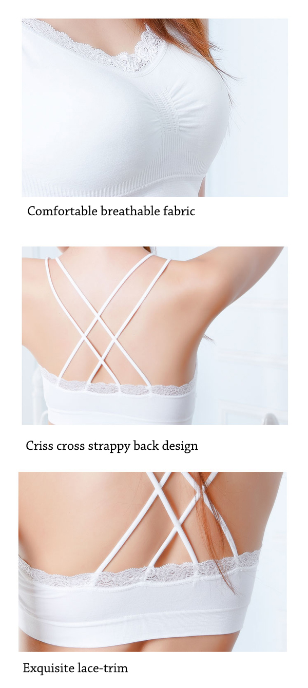 Cotton Wireless Strappy Back Lace-trim Breathable Bra