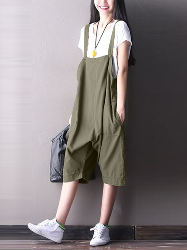 

S-5XL Women Cotton Loose Solid Color Jumpsuit with Pockets