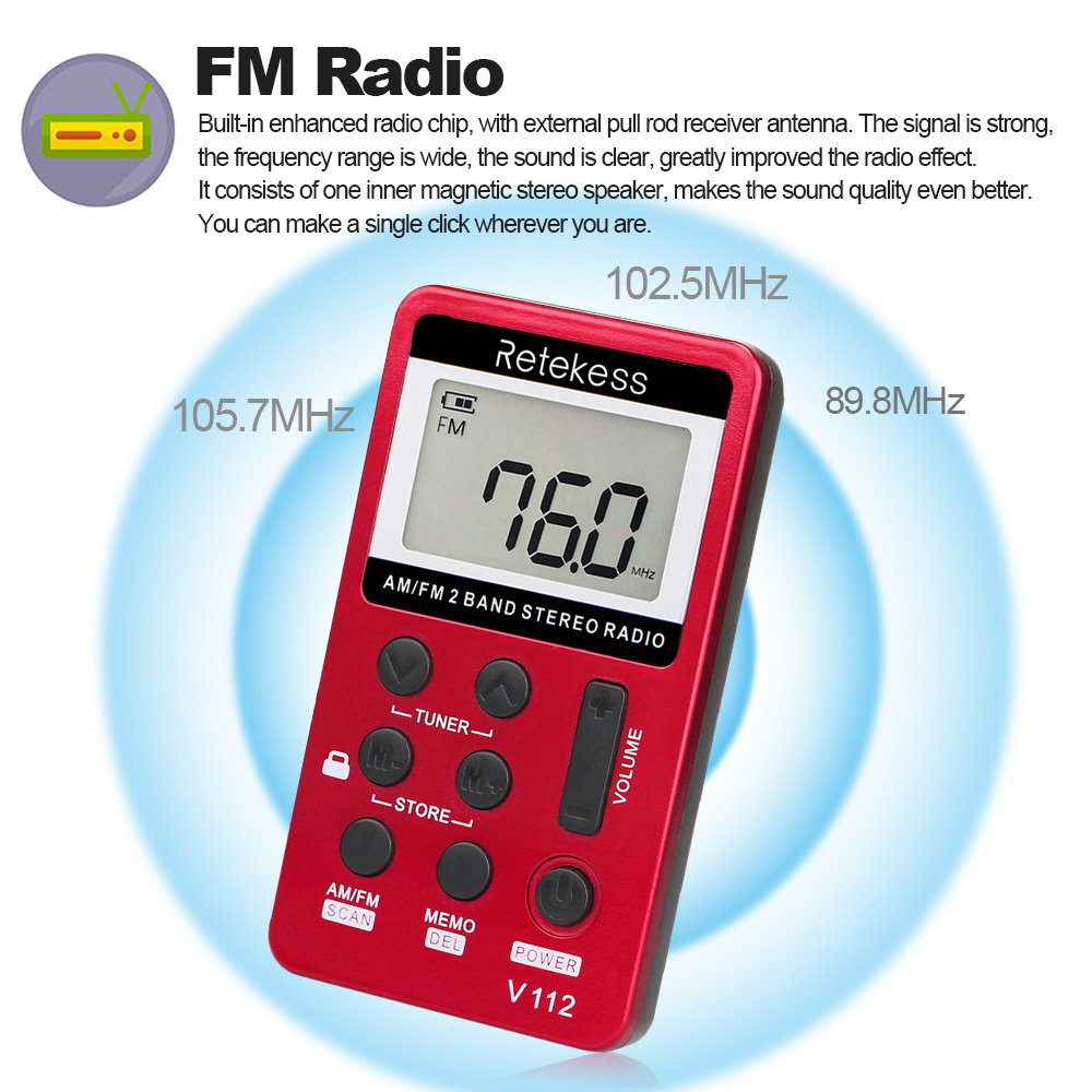 Retekes V-112 FM Radio Portable Mini Radio FM AM 2 Band Stereo Radio Digital Tuning Handheld Digital Pocket Radio