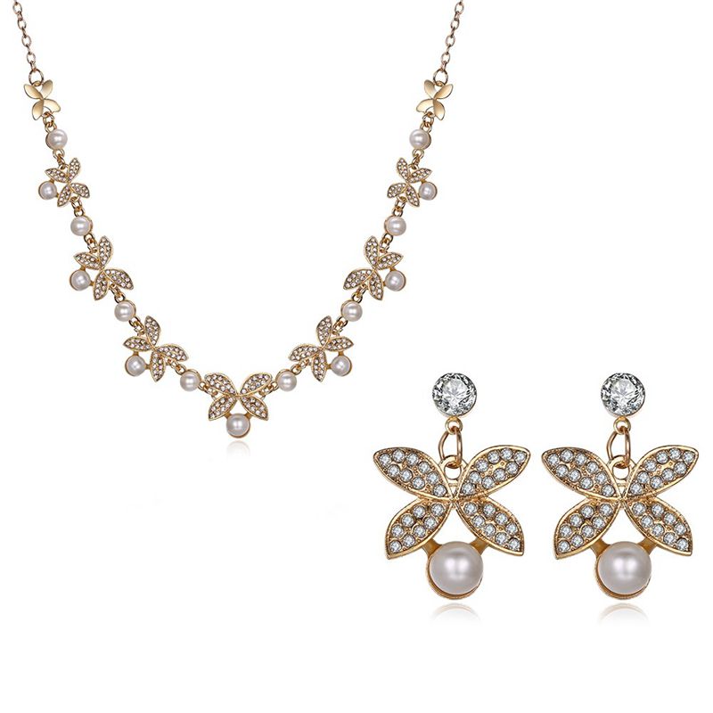 

Элегантный кристалл Серьги Rhinestones жемчуг цветок ожерелье ювелирные изделия набор Женское подарок