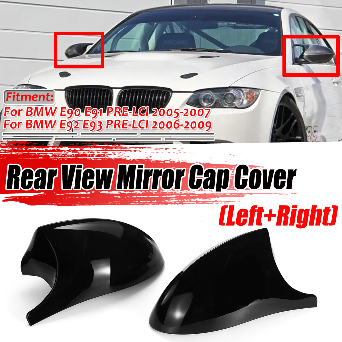 Car Rear View Mirror Cap Cover Replacement Glossy Black Left & Right for BMW E90 E91 2005-2007 E92 E93 2006-2009 M3 Style
