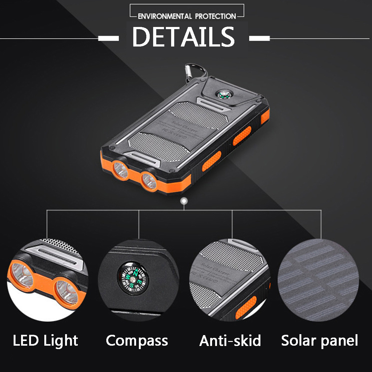  20000mAh Solar Charging Power Bank SOS Mode Portable Cell Phone Solar Charger with Dual USB Charging Ports LED Flashlight Carabiner/Compass