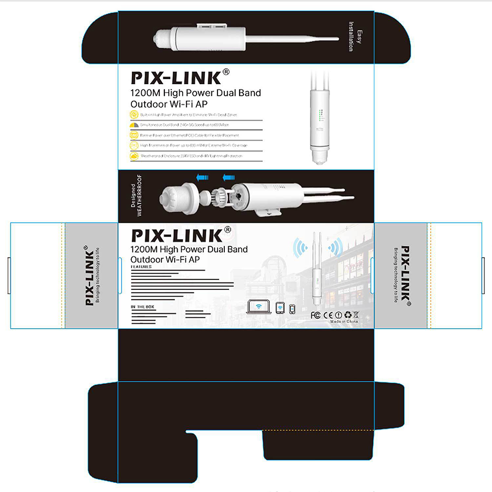PIXLINK 1200Mbps Outdoor WiFi Repeater High Power Wireless AP Router Dual Band 2.4G/5GHz with 2 Antenna