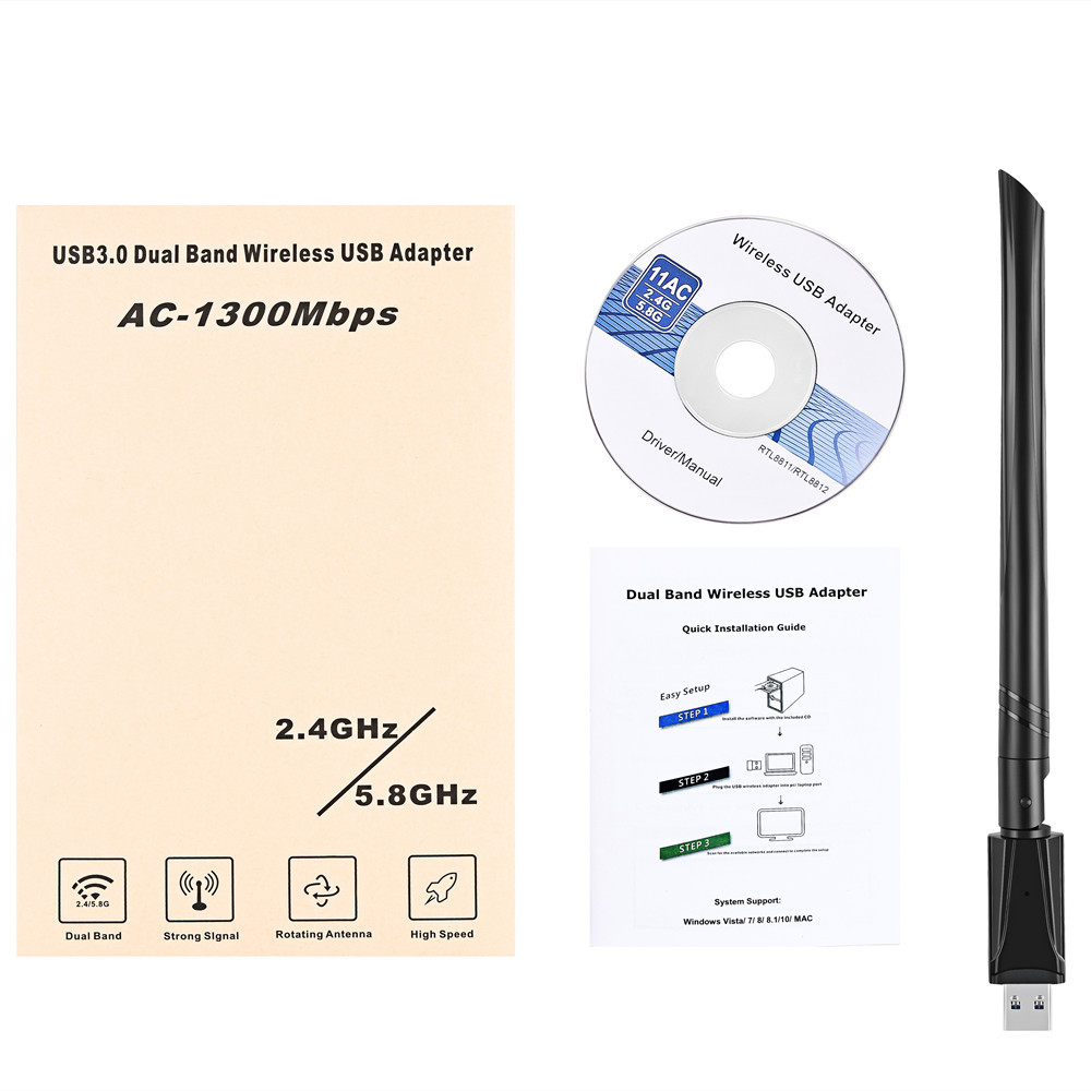 AC-1300Mbps USB3.0 Dual Band 2.4G/5.8G Wireless Adapter Network Card 5dB External Antenna Gigabit WiFi Transmitter Receiver